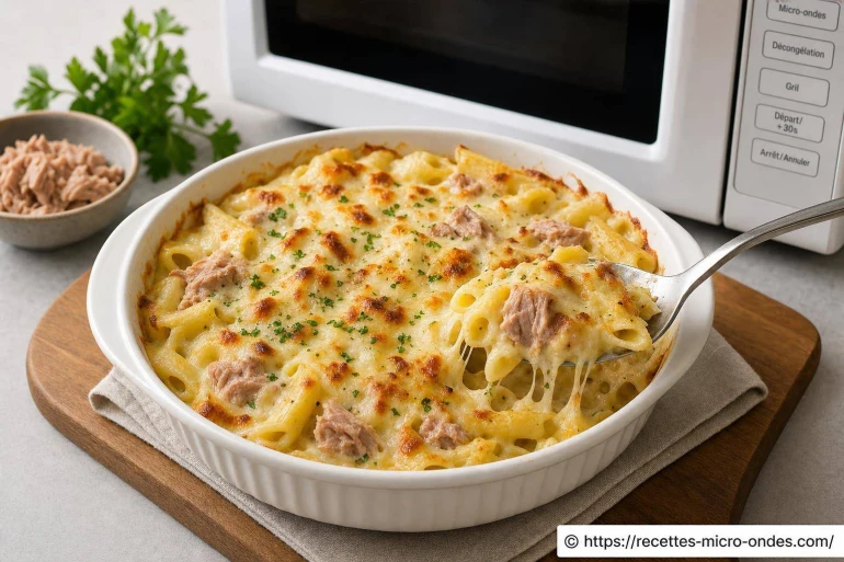Gratin de pâtes au thon au micro-ondes : rapide et savoureux